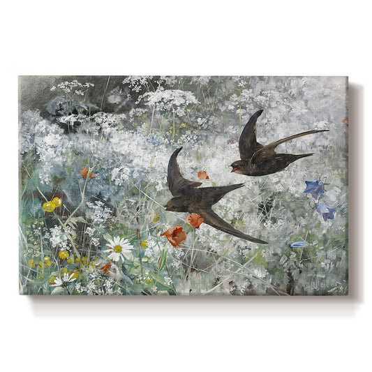 Canvas art print portraying a flock of birds in flight soaring across open sky above landscape, set against a white background