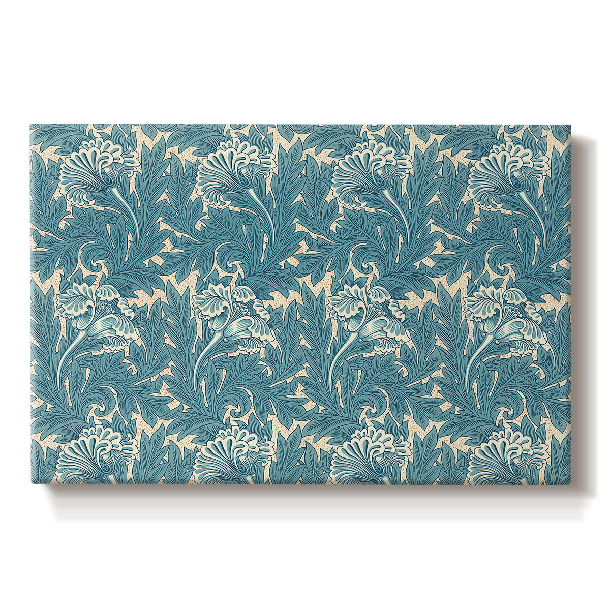 Canvas art print portraying a repeating floral pattern with tulip shapes in teal and neutral tones, set against a white background