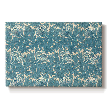 Canvas art print portraying a repeating floral pattern with tulip shapes in teal and neutral tones, set against a white background