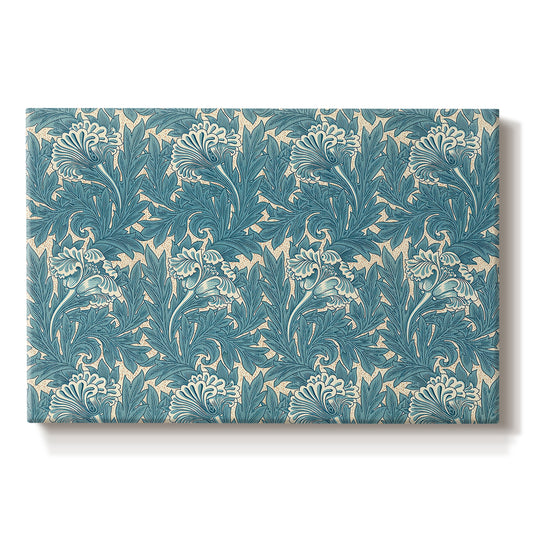 Canvas art print portraying a repeating floral pattern with tulip shapes in teal and neutral tones, set against a white background