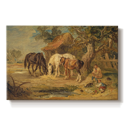 Canvas art print portraying farm animals gathered together feeding in outdoor setting, set against a white background