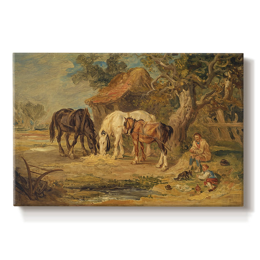 Canvas art print portraying farm animals gathered together feeding in outdoor setting, set against a white background