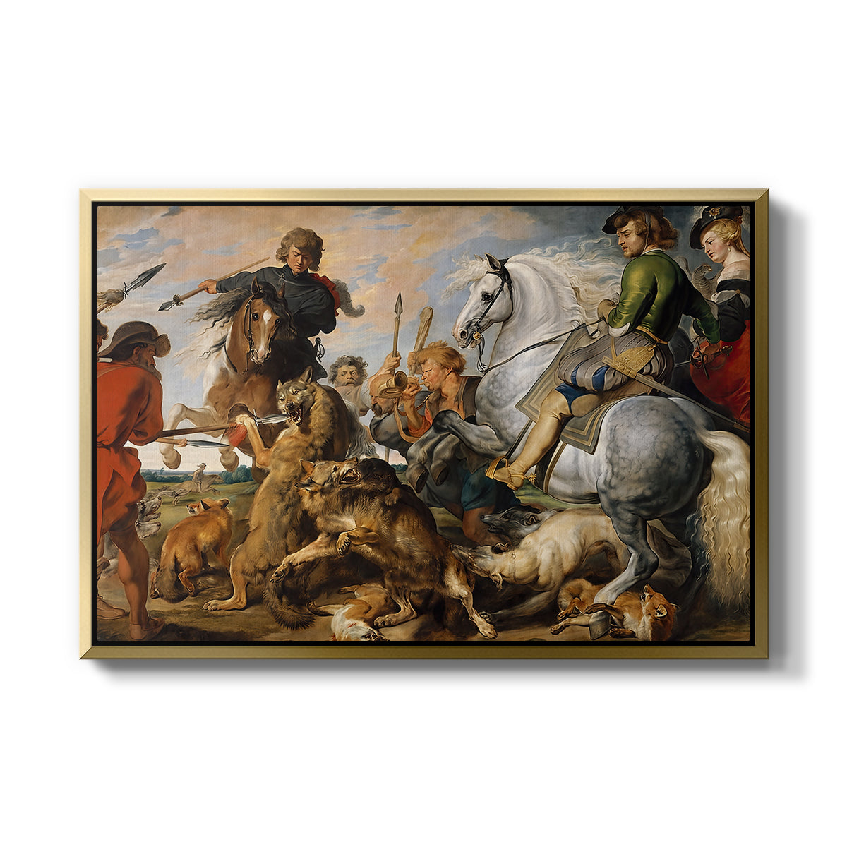 The Wolf and Fox Hunt, c. 1616 - Floater Framed Canvas Print