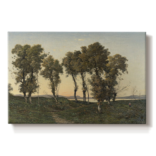 Canvas art print portraying trees silhouetted against evening sky in warm autumn tones, set against a white background