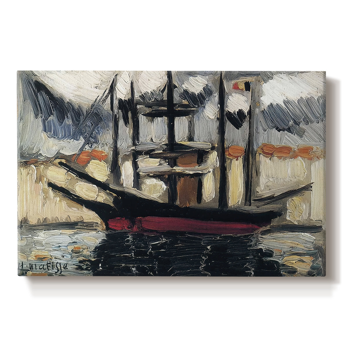 Canvas art print portraying two boats moored side by side with masts, set against a white background