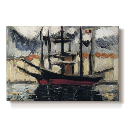 Canvas art print portraying two boats moored side by side with masts, set against a white background