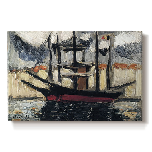 Canvas art print portraying two boats moored side by side with masts, set against a white background