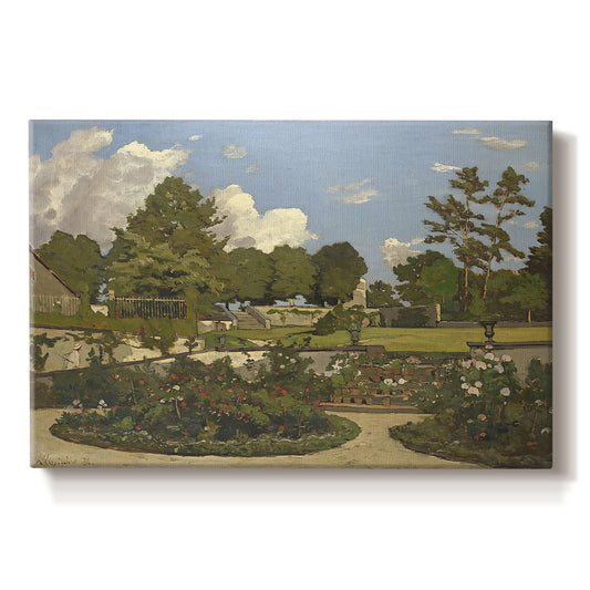 Canvas art print portraying a landscaped garden with trees, water, and open sky in peaceful setting, set against a white background