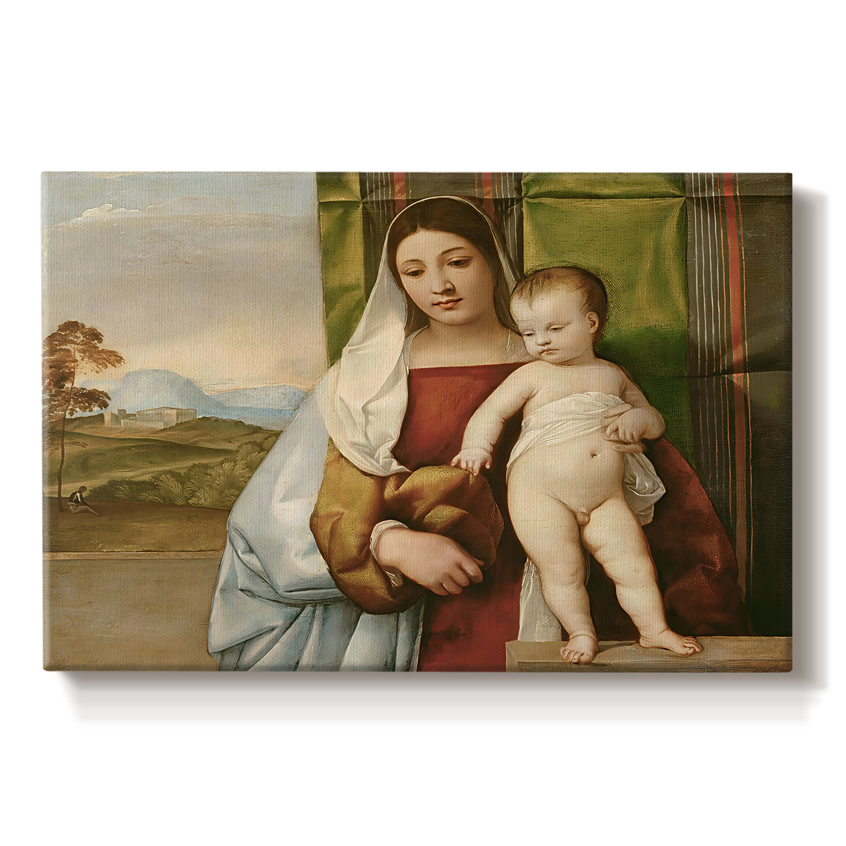 Canvas art print portraying Madonna seated outdoors holding child beside dark tree and open sky, set against a white background