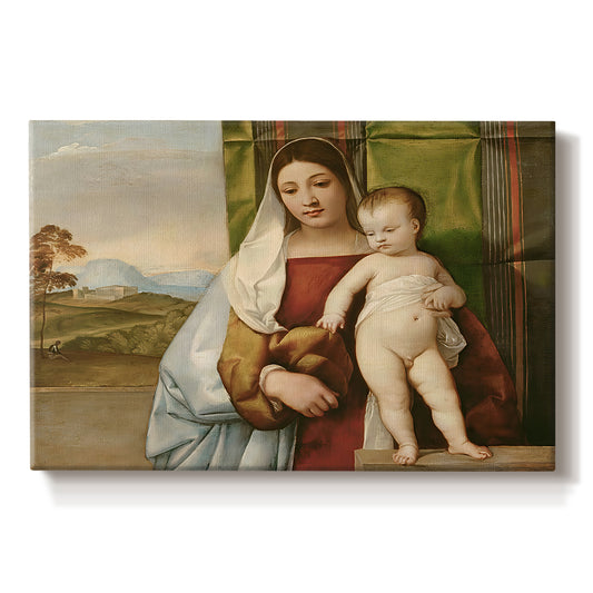 Canvas art print portraying Madonna seated outdoors holding child beside dark tree and open sky, set against a white background
