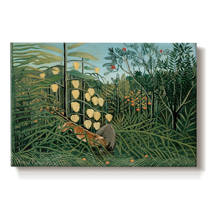 Canvas art print portraying a tiger attacking buffalo in dense jungle filled with foliage, set against a white background