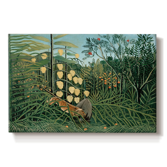 Canvas art print portraying a tiger attacking buffalo in dense jungle filled with foliage, set against a white background