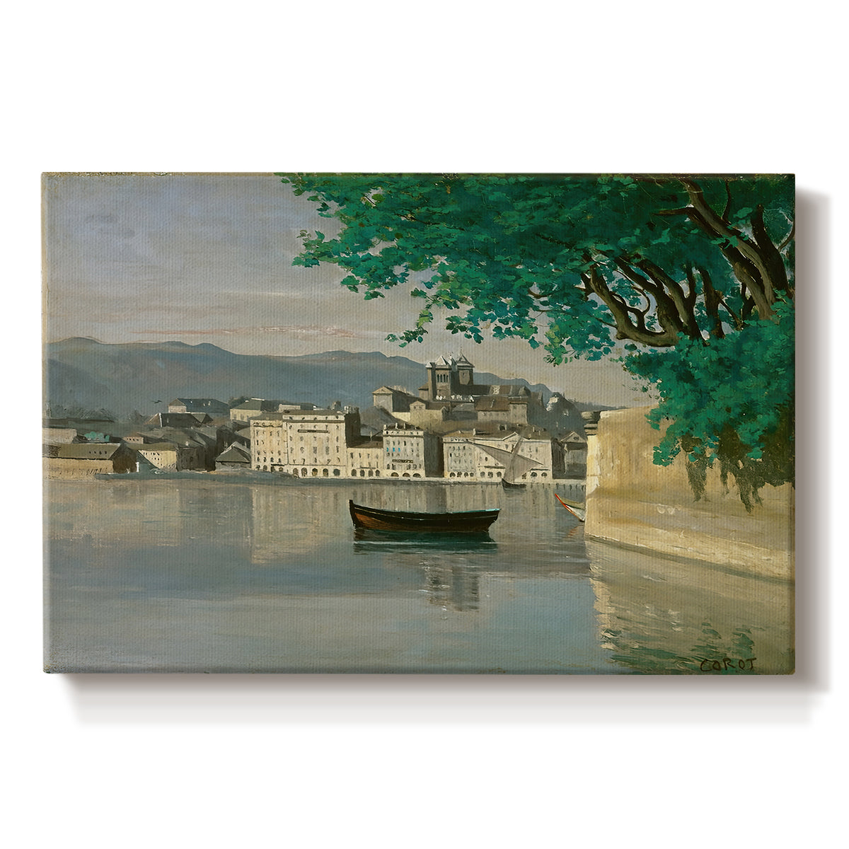 Canvas art print portraying a waterfront city view with buildings and boats along calm water, set against a white background