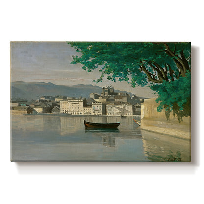 Canvas art print portraying a waterfront city view with buildings and boats along calm water, set against a white background