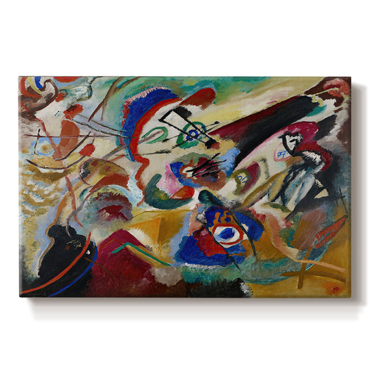 Canvas art print portraying a fragmented abstract study with intersecting lines and layered color elements, set against a white background