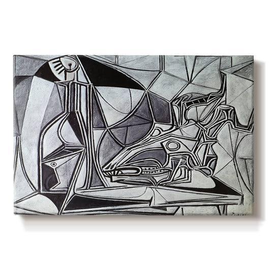 Canvas art print portraying an abstract still life with skull bottle and candle, set against a white background
