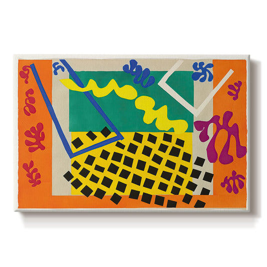 Canvas art print portraying an abstract arrangement of organic cut-out shapes in bold contrasting colors, set against a white background