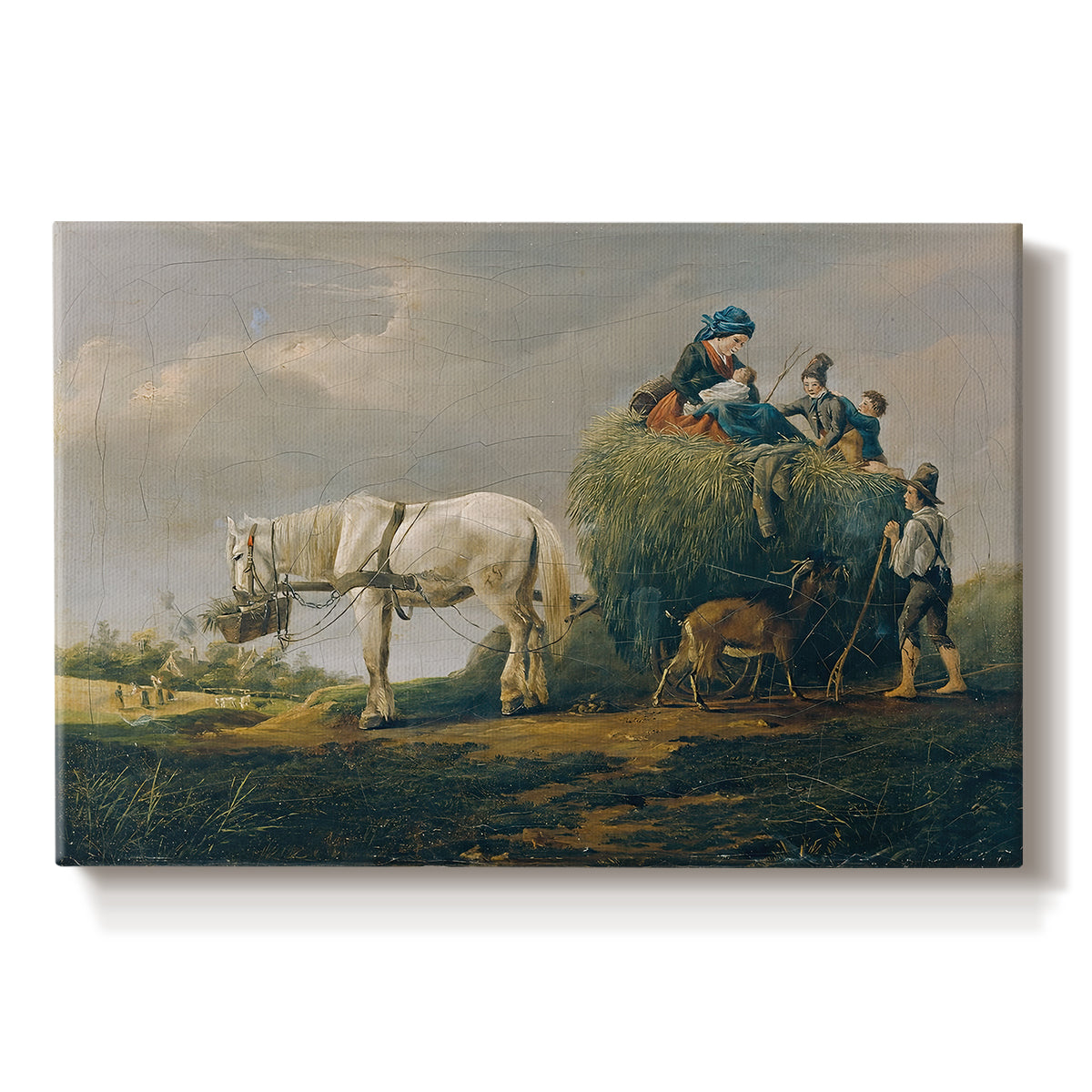 Canvas art print portraying a wagon carrying hay through countryside, set against a white background