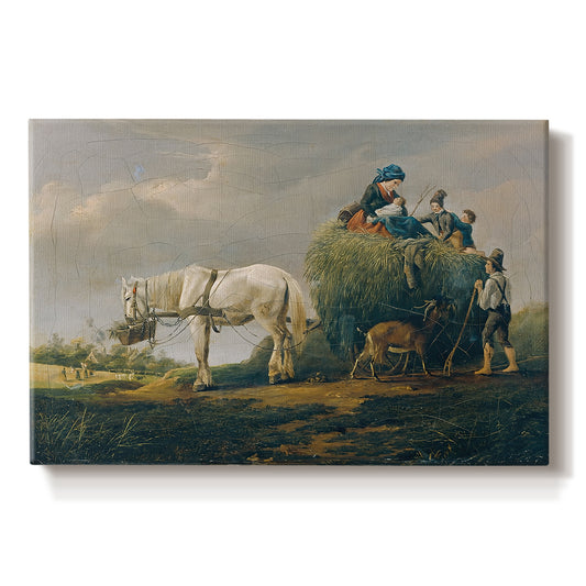 Canvas art print portraying a wagon carrying hay through countryside, set against a white background
