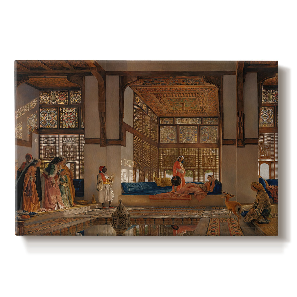 Canvas art print portraying an interior scene with woman receiving guests in ornate room, set against a white background