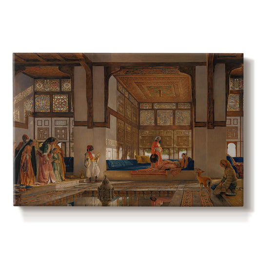 Canvas art print portraying an interior scene with woman receiving guests in ornate room, set against a white background