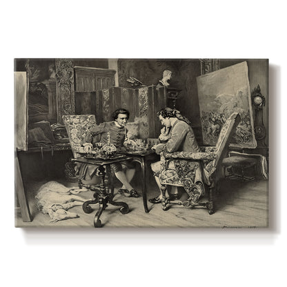 Canvas art print portraying two men seated at table playing chess in detailed interior setting, set against a white background