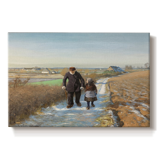 Canvas art print portraying an elderly man and child walking together along quiet rural path, set against a white background