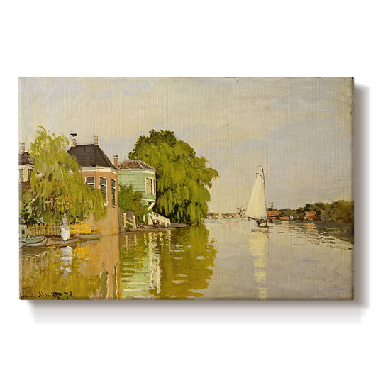 Canvas art print portraying colorful houses reflected in calm river surrounded by greenery, set against a white background