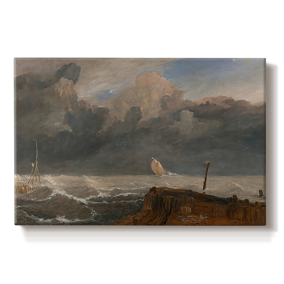 Canvas art print portraying a harbor scene with boats and waterfront structures, set against a white background