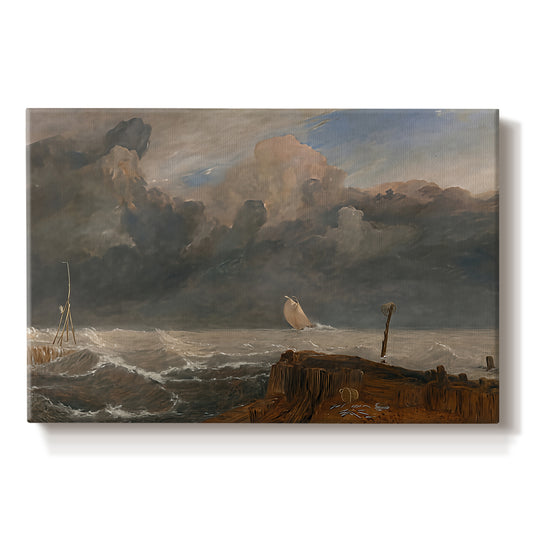 Canvas art print portraying a harbor scene with boats and waterfront structures, set against a white background