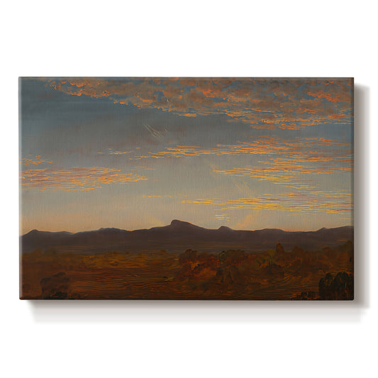 Canvas art print portraying a low mountain landscape under warm sky with broad open foreground, set against a white background