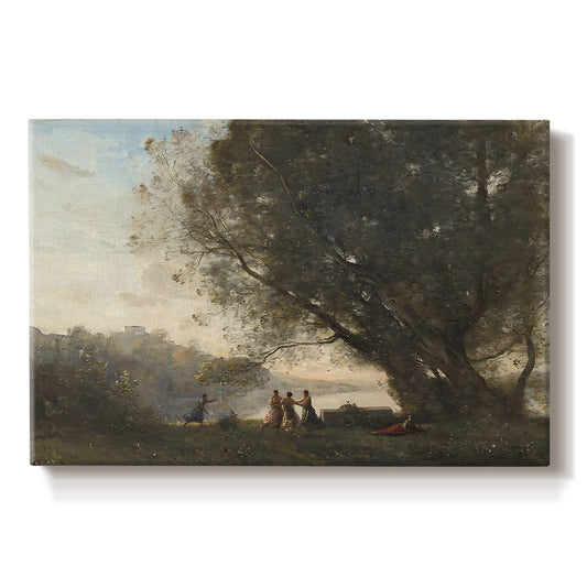 Canvas art print portraying figures dancing beneath trees beside calm lakeside setting, set against a white background