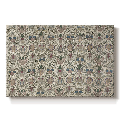 Canvas art print portraying a repeating floral pattern with symmetrical layout across elongated textile surface, set against a white background