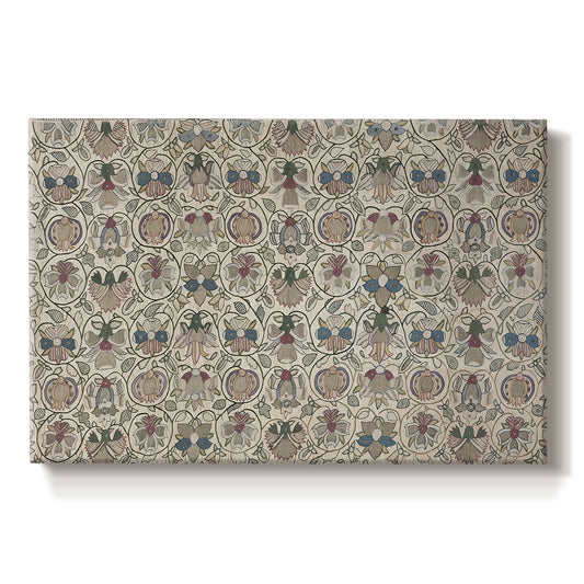 Canvas art print portraying a repeating floral pattern with symmetrical layout across elongated textile surface, set against a white background