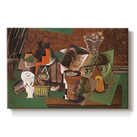 Canvas art print portraying a collage still life with cards bottles and glasses, set against a white background