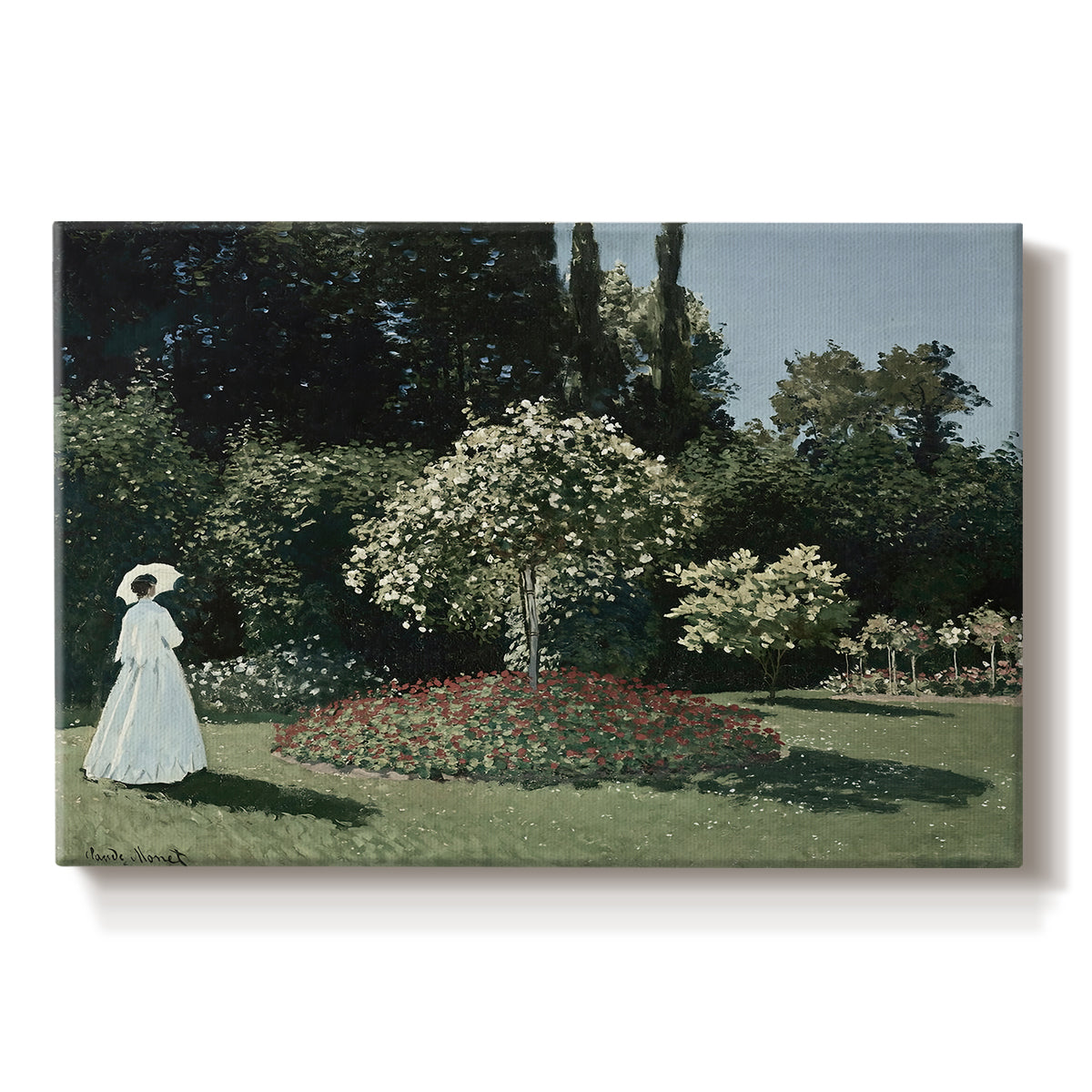 Canvas art print portraying a woman standing in garden surrounded by flowers and greenery, set against a white background