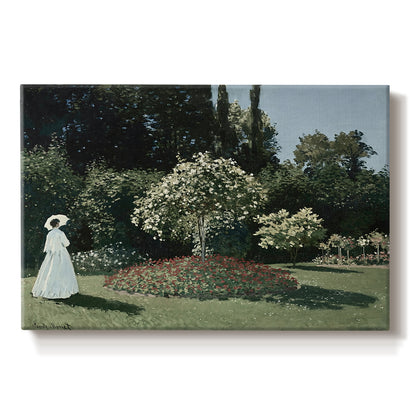 Canvas art print portraying a woman standing in garden surrounded by flowers and greenery, set against a white background