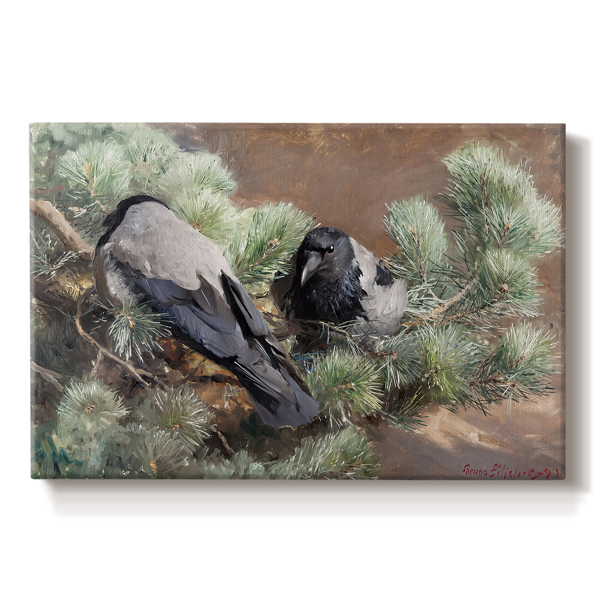 Canvas art print portraying two crows perched on ground among grass and earth tones, set against a white background