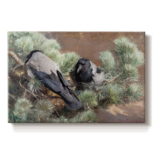 Canvas art print portraying two crows perched on ground among grass and earth tones, set against a white background