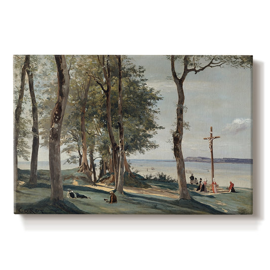 Canvas art print portraying a hillside landscape with religious cross overlooking trees and distant terrain, set against a white background