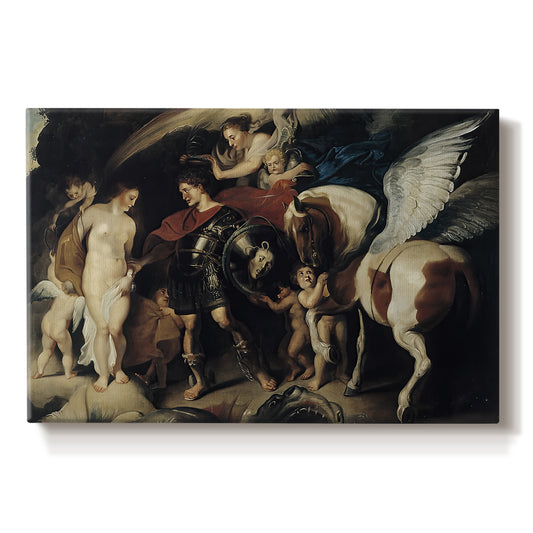 Canvas art print portraying Perseus rescuing Andromeda from chained position, set against a white background