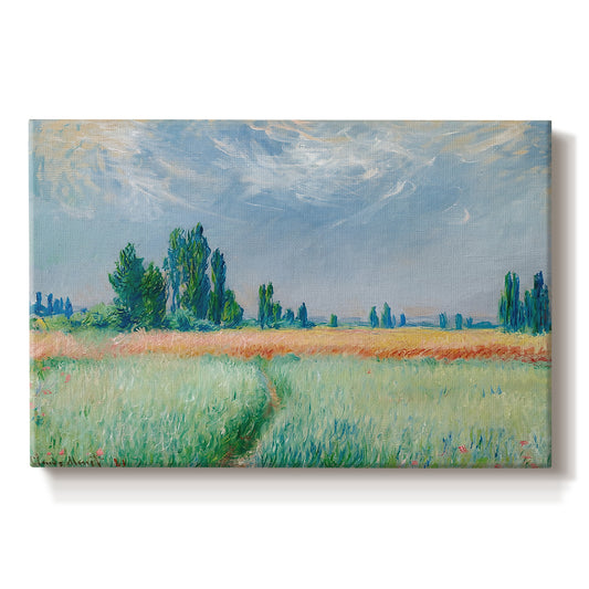 Canvas art print portraying a golden wheat field stretching across landscape under soft sky, set against a white background