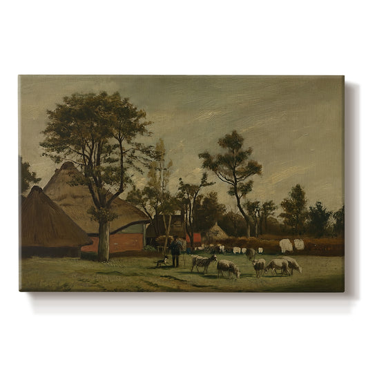 Canvas art print portraying a farmhouse with animals and open rural surroundings under soft sky, set against a white background
