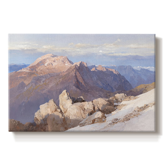 Canvas art print portraying a distant mountain peak viewed from elevated ridge with sweeping landscape, set against a white background