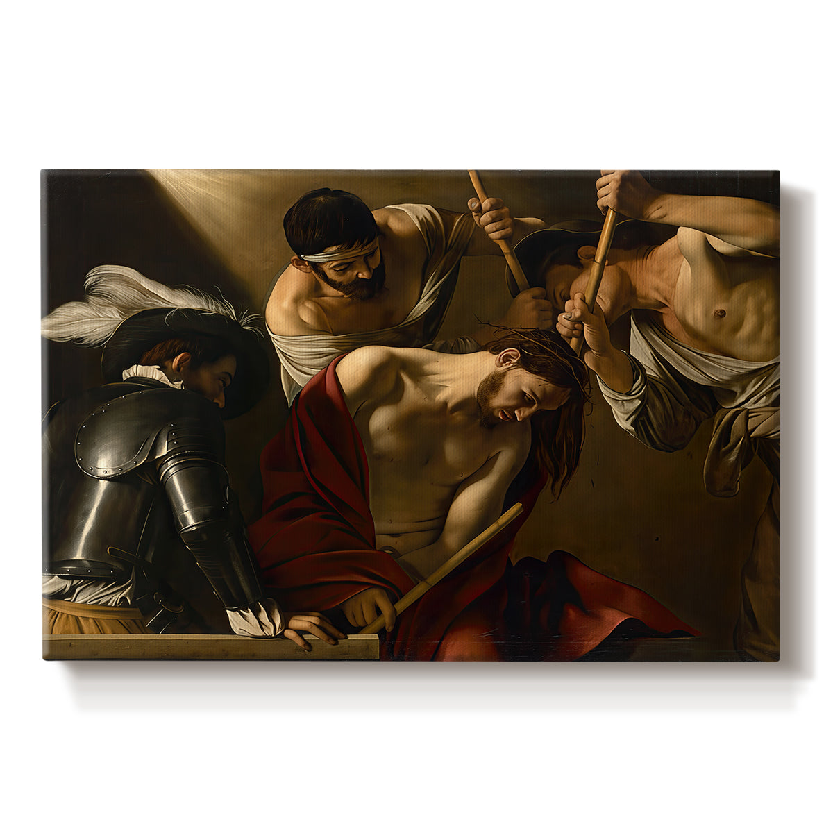 Canvas art print portraying Christ surrounded by men pressing crown of thorns onto his head, set against a white background