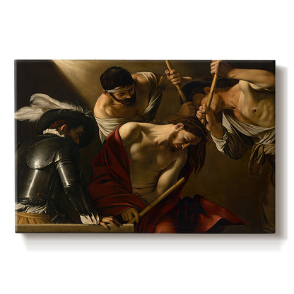 Canvas art print portraying Christ surrounded by men pressing crown of thorns onto his head, set against a white background