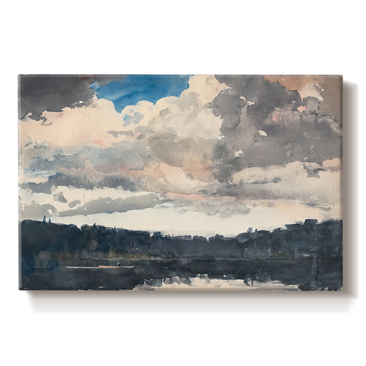 Canvas art print portraying a single boat floating on still lake surrounded by forested shoreline, set against a white background