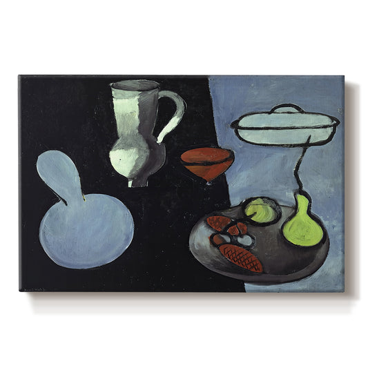 Canvas art print portraying a minimal still life with gourds and vessels on a dark surface, set against a white background