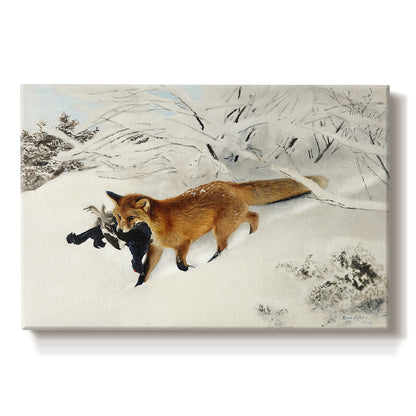 Canvas art print portraying a fox running across snowy landscape with sparse vegetation, set against a white background