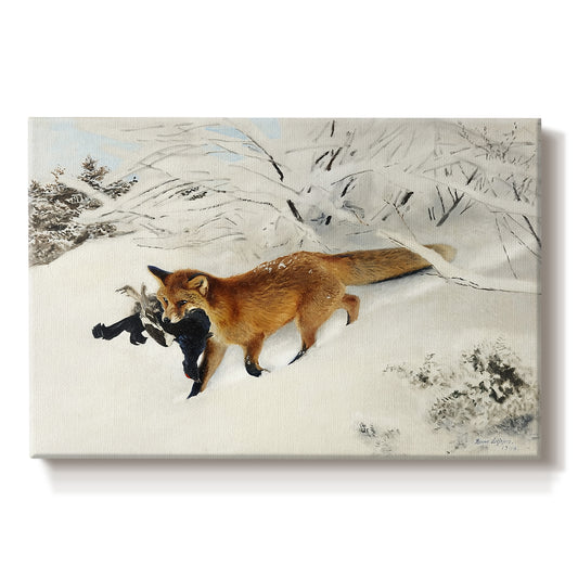 Canvas art print portraying a fox running across snowy landscape with sparse vegetation, set against a white background